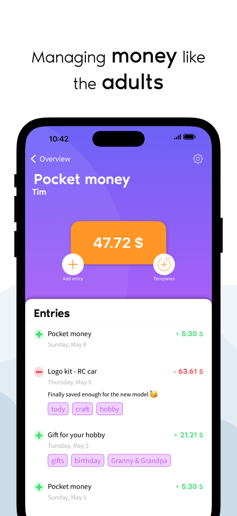 Interface of the Pockey app showing a child's account balance and transaction history for pocket money and gifts