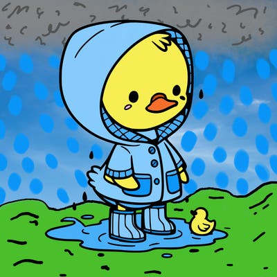 baby duck in a rain coat and boots, in a puddle while it’s raining
