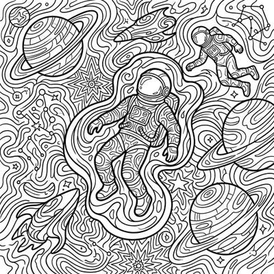 Unleash your creativity with this mesmerizing psychedelic space coloring page, designed for adults. Immerse yourself in a universe of swirling lines, astronauts, planets, and futuristic designs.