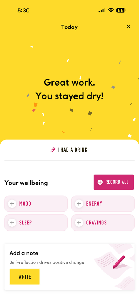 Painel do aplicativo Try Dry mostrando a celebração de um dia seco bem-sucedido e opções de monitoramento de bem-estar para humor, energia e sono.