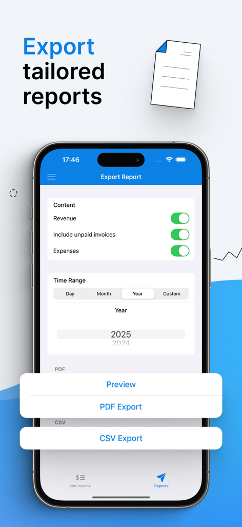 Interfaz de la aplicación móvil BillMore que muestra opciones para exportar informes financieros personalizados en PDF o CSV.