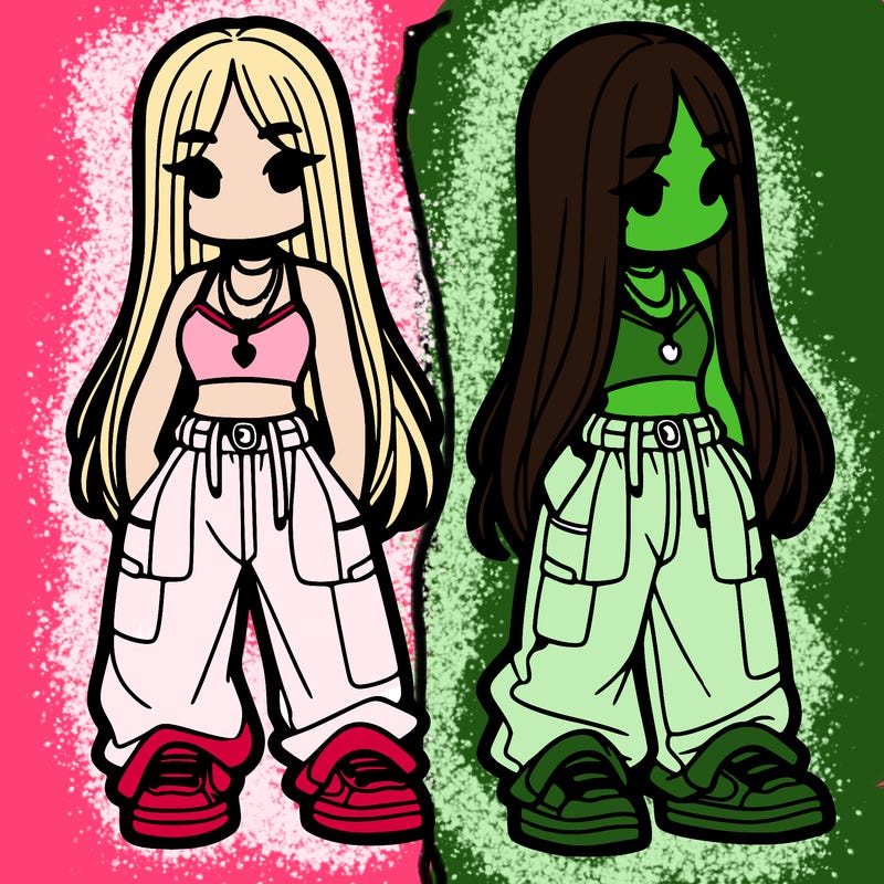 girl in baggy pants crop top and long hair