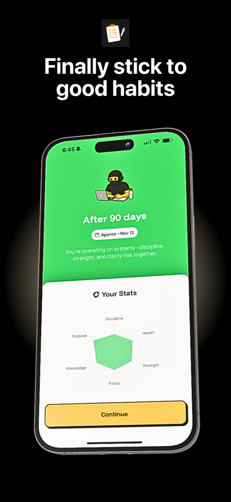 YLAG: Daily Habits Tracker - YLAG app screenshot showing a ninety day habit progress report with a radar chart for stats like discipline and health