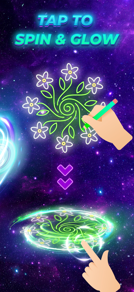 Hand, die ein leuchtendes Neon-Blumenmuster zeichnet, das sich gegen einen Weltraumhintergrund in einen leuchtenden 3D-Spinner verwandelt