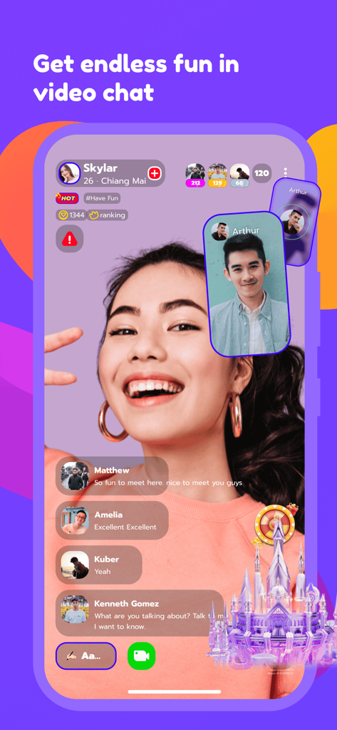 A mobile interface of the Voya app featuring a live video chat session with a female host and real-time user comments.