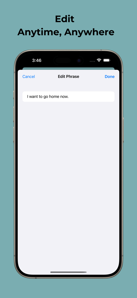Eye Tracking Speech- GazeyTalk - Interfaz de la aplicación GazeyTalk que muestra la pantalla de edición de frases para mensajes de comunicación personalizados.