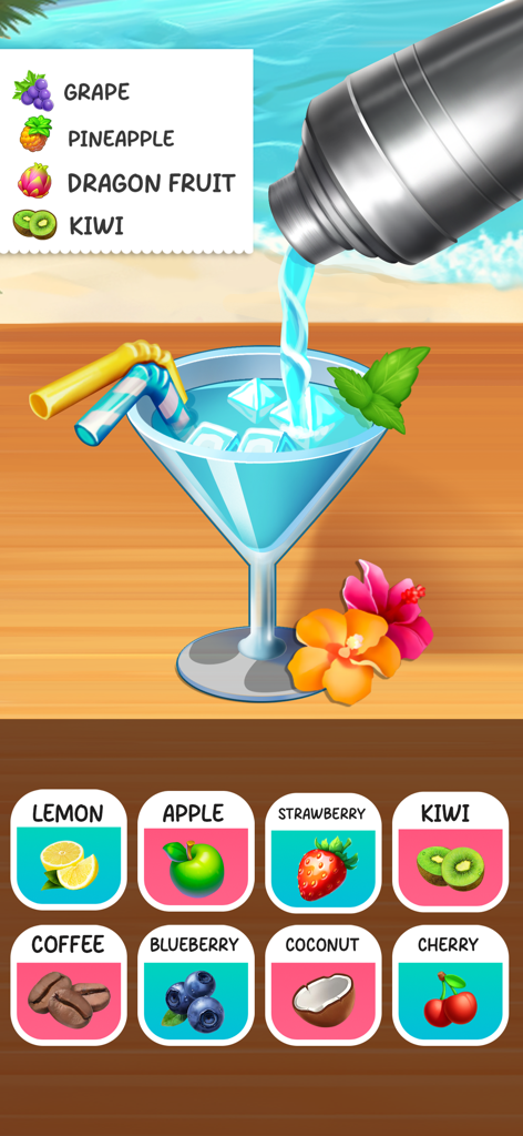 Happy Cooking : Cooking Game - A blue cocktail being poured from a shaker into a glass with fruit ingredients shown in the Happy Cooking game interface.