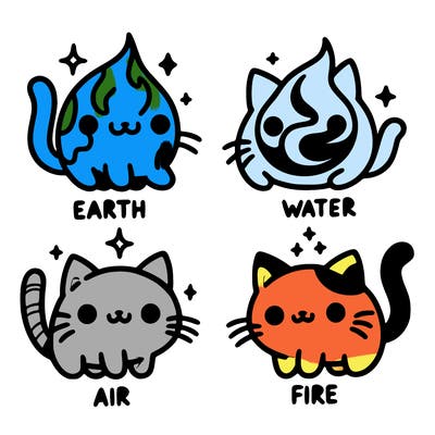 4 cats that represent the different elements, earth, water, air, and fire