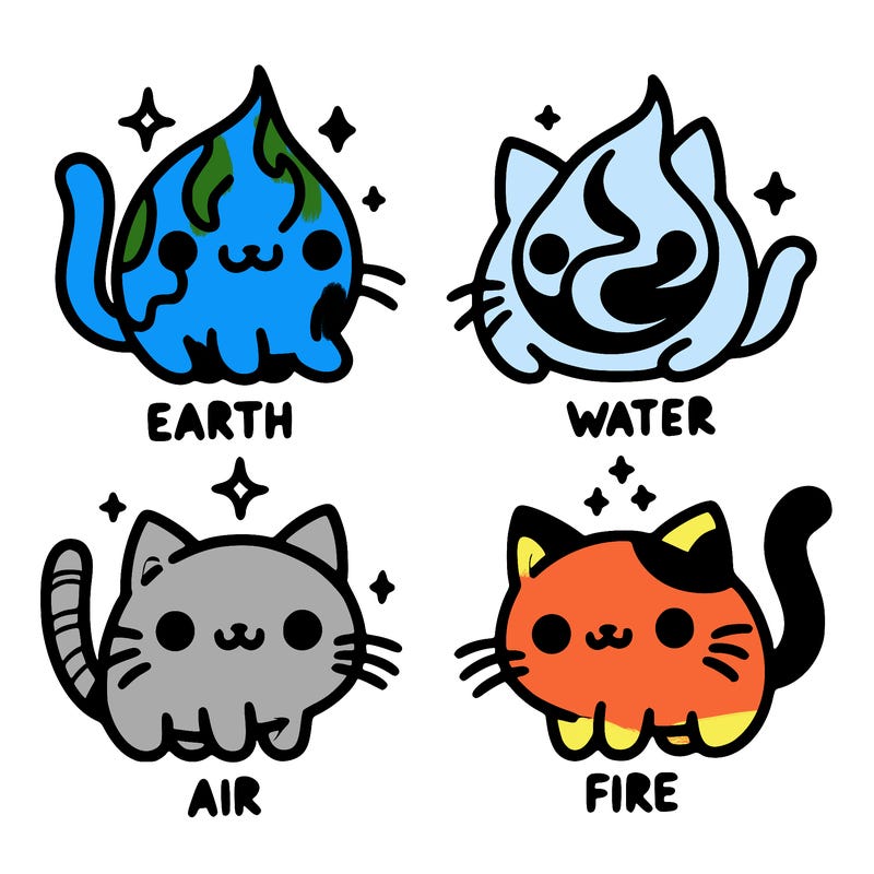 4 cats that represent the different elements, earth, water, air, and fire
