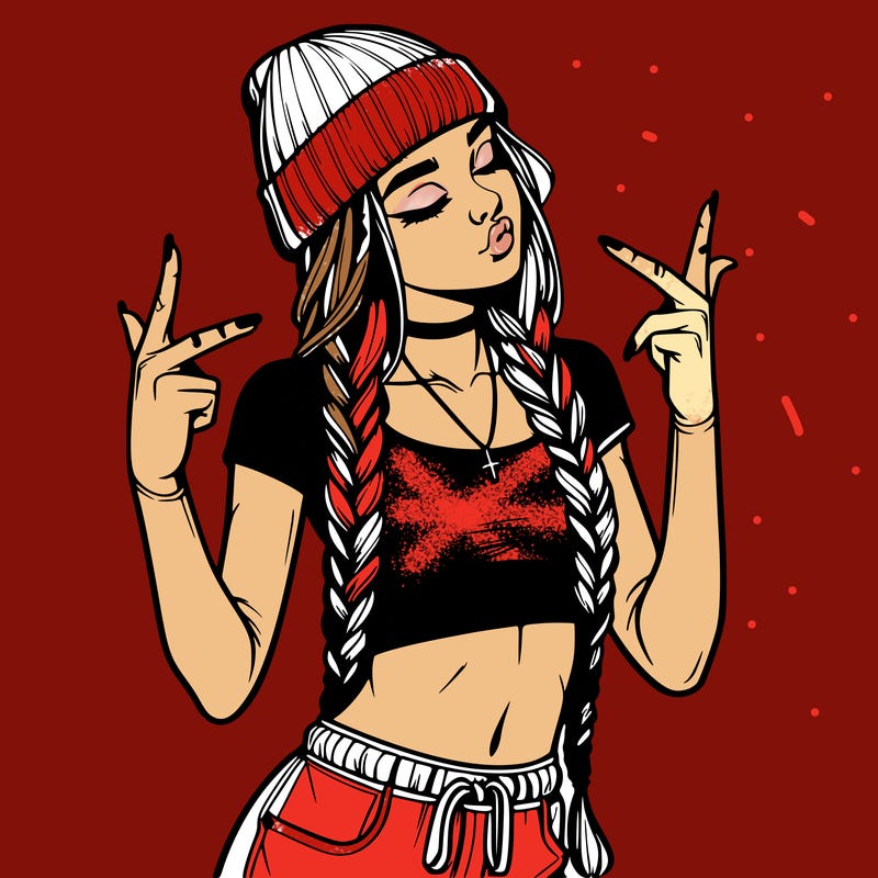 realistic teenage girl with braids and a beanie and crop top doing 🫶🏼