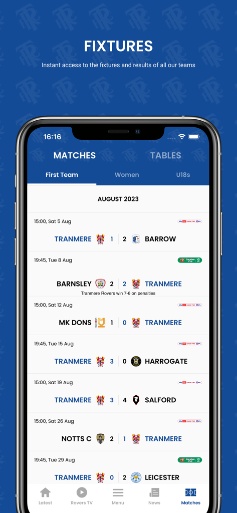 Tranmere Rovers FC - Aplicativo oficial do Tranmere Rovers FC mostrando os resultados dos jogos da equipe principal e a lista de jogos