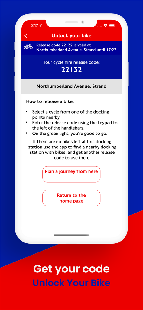Santander Cycles - Santander Cyclesアプリのインターフェースに、バイクの解錠コードとロンドンでの迅速なレンタル手順が表示されています。
