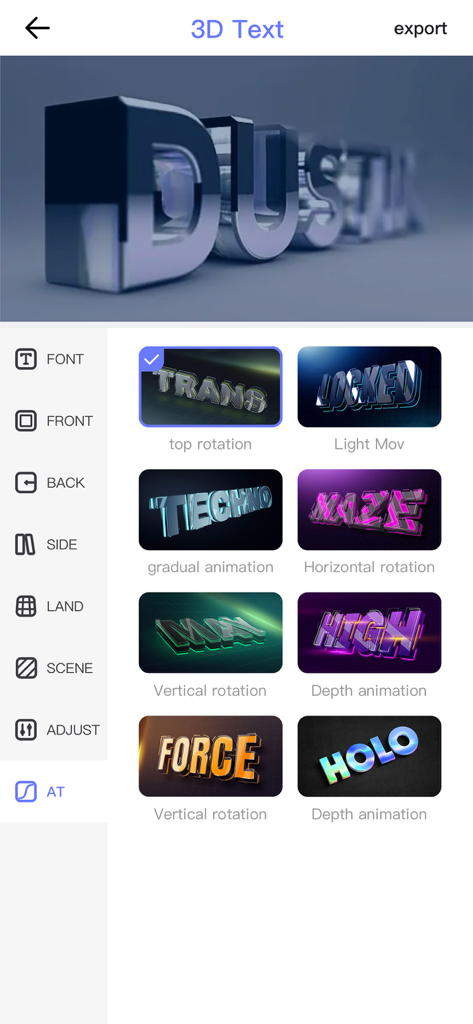 Interface de l'application 3D Text-AI Art Word Font Maker montrant différents modèles d'animation 3D pour la personnalisation du texte.