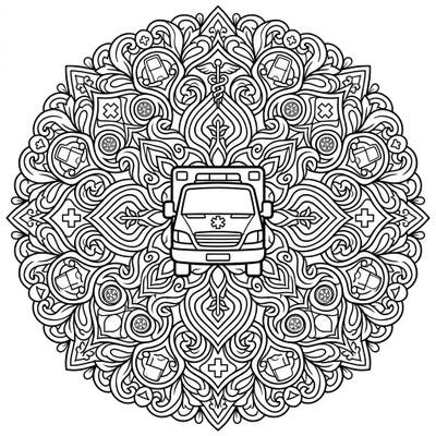 Discover a unique fusion of emergency service and artistic tranquility with this Ambulance Mandala coloring page. This intricate design invites you to bring vibrant life to a symmetrical pattern featuring medical motifs and a central ambulance.