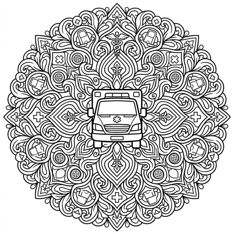 Discover a unique fusion of emergency service and artistic tranquility with this Ambulance Mandala coloring page. This intricate design invites you to bring vibrant life to a symmetrical pattern featuring medical motifs and a central ambulance.