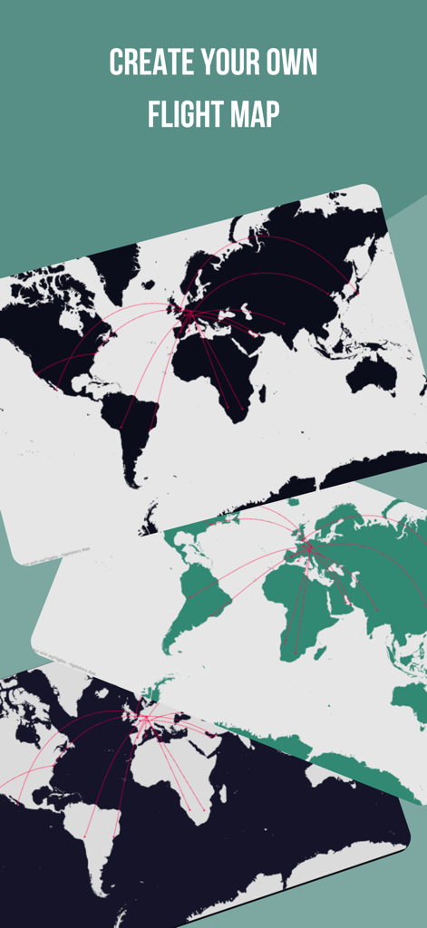 Mapa mundial que muestra rutas y trayectorias de vuelos personales en la aplicación myFlights.