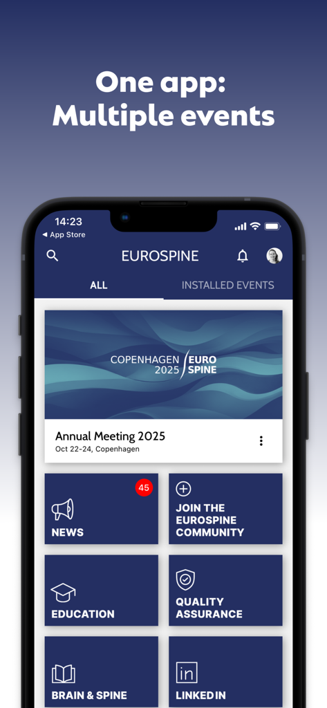 Aplicación EUROSPINE mostrando el evento de la reunión anual y secciones profesionales para noticias y educación