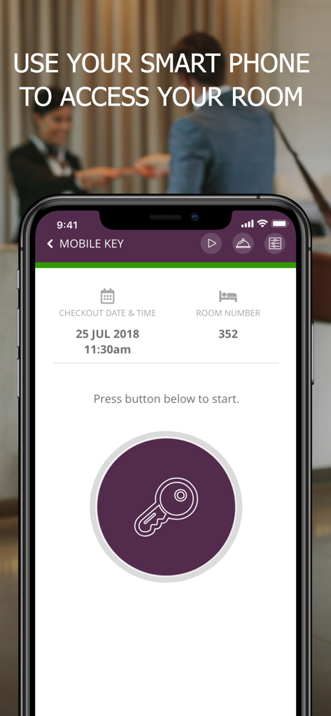 OKKAMI app screen showing the mobile key feature for digital hotel room access