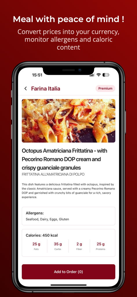 Menu Translator AI: MenuGuide - Una pantalla móvil de la aplicación MenuGuide que muestra información detallada de un plato de pasta, incluyendo una foto, descripción, alérgenos como mariscos y gluten, y el recuento de calorías con desglose de macronutrientes.