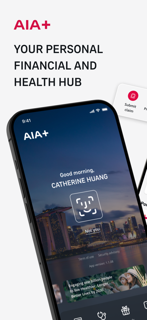 Pantalla de inicio de sesión de la aplicación AIA plus Singapur en un smartphone con una interfaz de centro financiero y de salud personal.