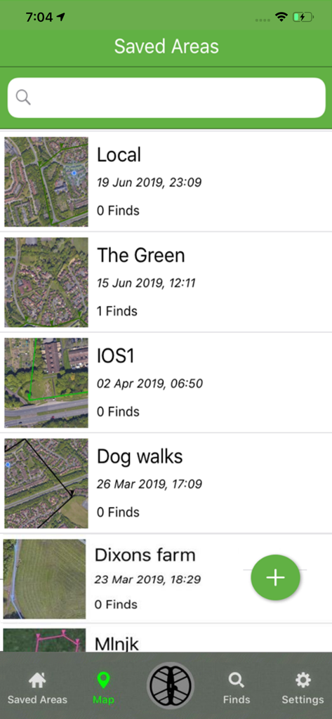 Tect O Trak - Tect O Trak app screen displaying a list of saved metal detecting areas with map thumbnails and find logs