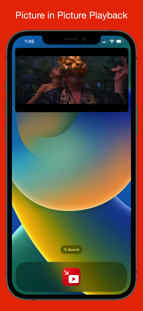 iPhone 홈 화면에서 Picture in Picture 비디오 재생을 시연하는 YubePiP 앱.