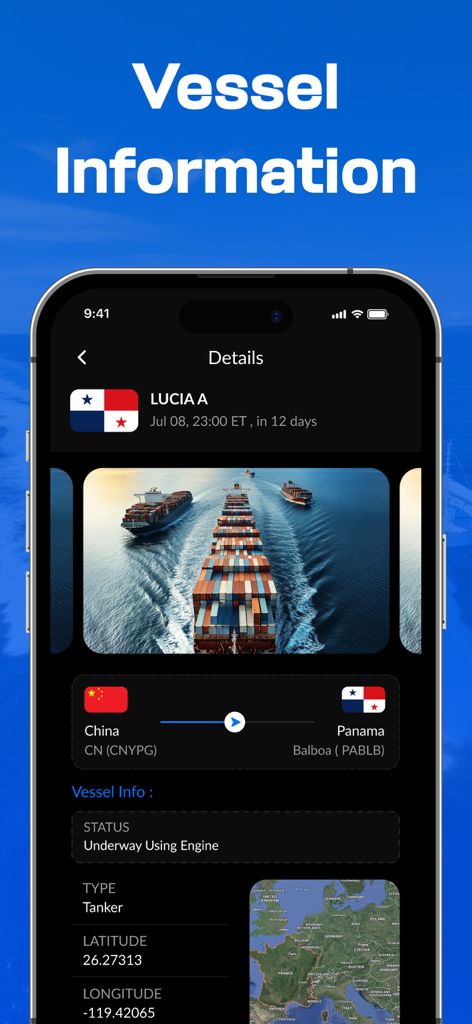 Una pantalla móvil que muestra información detallada de la embarcación y el estado de seguimiento en vivo para un buque petrolero.