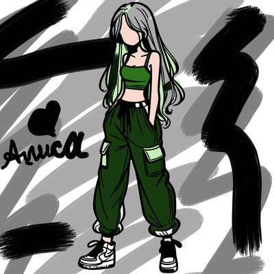 girl in baggy pants crop top and long hair