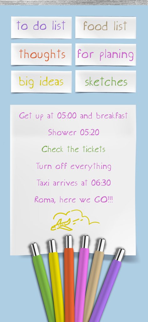 Notepad – organize ideas app - Digital notepad interface with a handwritten travel itinerary and colorful drawing markers
