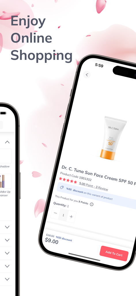Mobile screen showing Farmasi International app product page for Dr. C. Tuna sun face cream with discount price