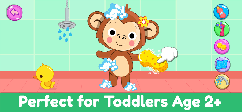 ElePant Kids Learning Games 2+ - A cartoon monkey taking a bath with bubbles and a sponge in a preschool learning app