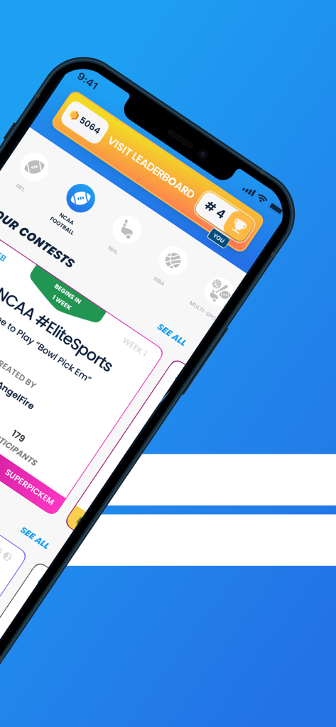AngelFire Games mobile app interface showing a leaderboard rank and NCAA football pick em contests