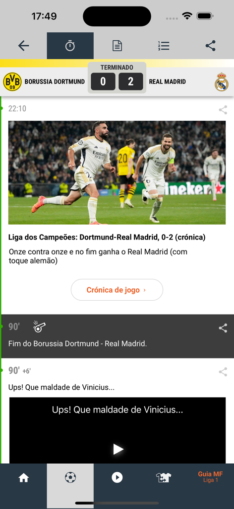 Maisfutebol - Screenshot of Maisfutebol app showing a Champions League match report between Dortmund and Real Madrid