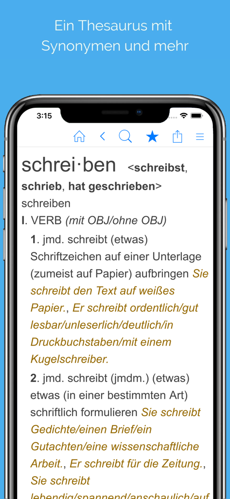 German dictionary app interface showing word definitions and verb conjugations for the word schreiben