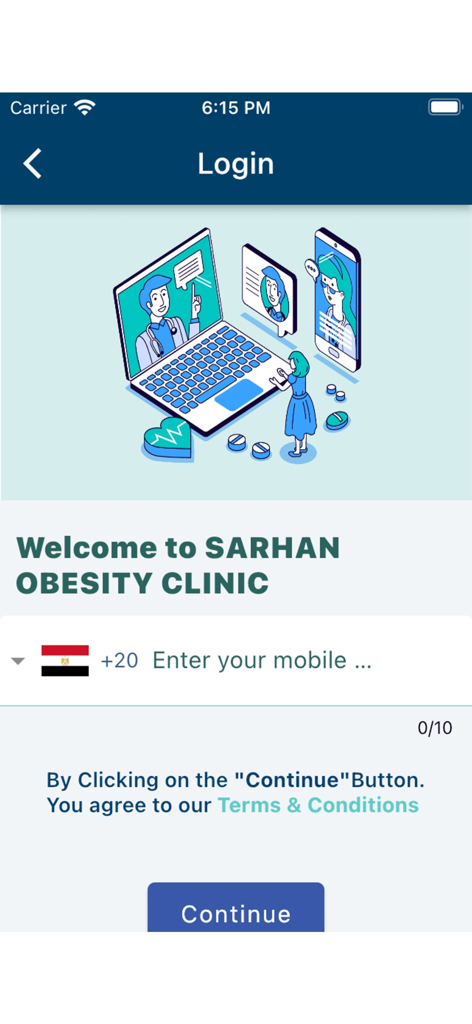 Sarhan Obesity Clinic - Pantalla de inicio de sesión de la app móvil Sarhan Obesity Clinic con una ilustración de consulta médica e introducción de número de teléfono.