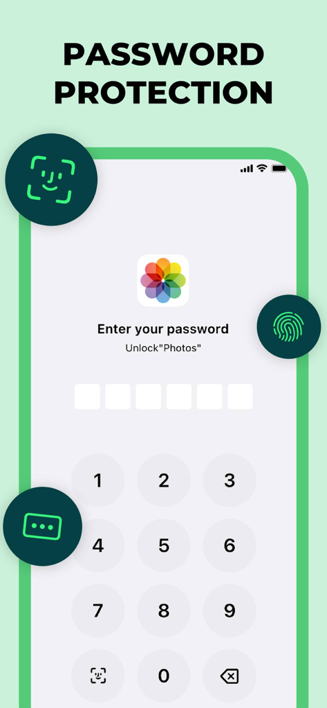 App Lock - AppLock Apps - iPhone-Bildschirm mit passwortgeschützter Sperre für die Fotos-App mit Face ID und Fingerabdruck-Optionen