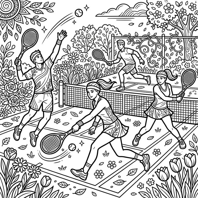 Dive into the vibrant world of spring tennis with this exciting coloring page! Capture the energy of players in action surrounded by beautiful blooming flowers, ready for your creative touch.