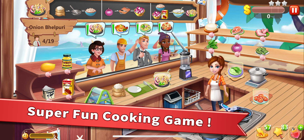 A chef prepares Indian street food for diverse customers in a beachside restaurant setting within the Rising Super Chef 2 mobile game.