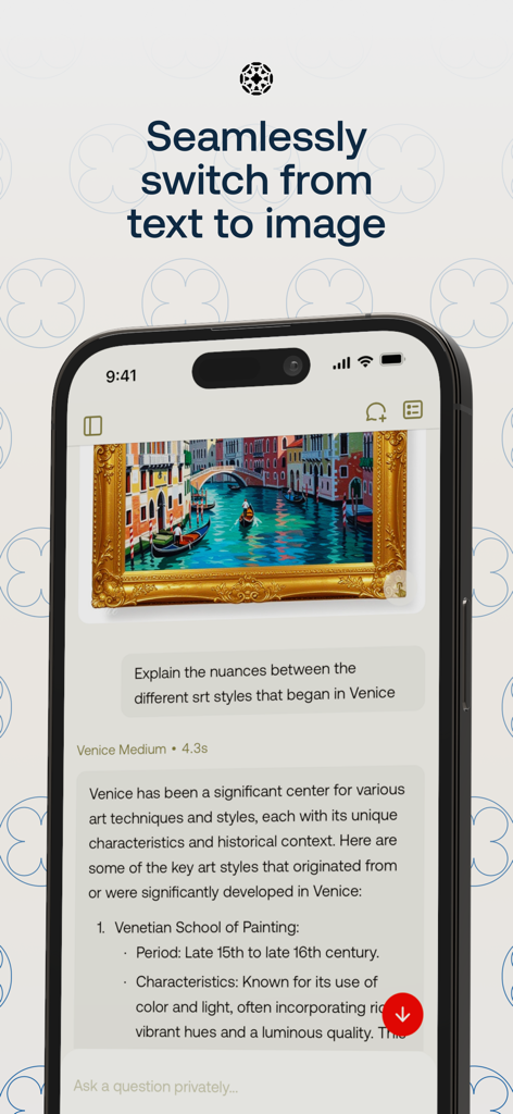 Venice AI mostrando una pintura generada y una conversación de texto sobre historia del arte