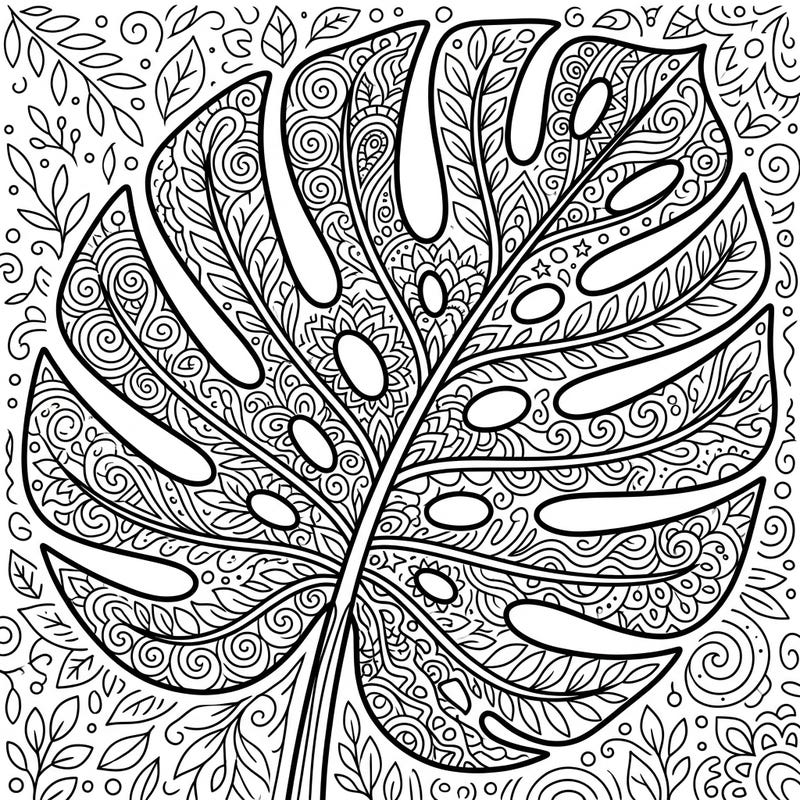 Unleash your creativity with this stunning Monstera leaf coloring page, intricately adorned with detailed Zentangle patterns. Perfect for unwinding, it offers a tropical escape through meditative artistry.