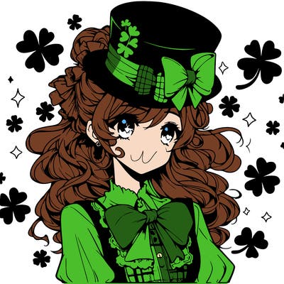 a manga-style girl with clovers around her, a little hat in her hair, like it's saint patrick's day