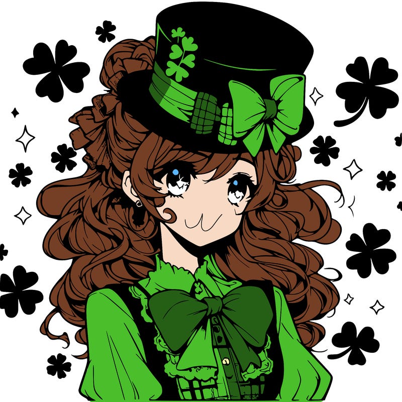 a manga-style girl with clovers around her, a little hat in her hair, like it's saint patrick's day
