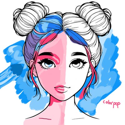 realistic girl with two buns on top of her head