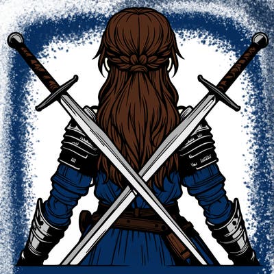 very realistic warrior girl with swords behind her back