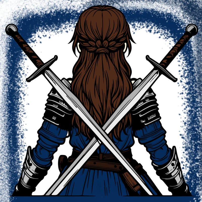 very realistic warrior girl with swords behind her back
