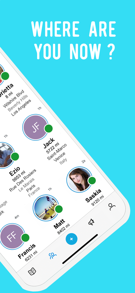 Locate & Track Phone By Number - Interfaccia dell'app mobile che mostra un elenco di contatti con foto profilo, nomi e posizioni in tempo reale in tutto il mondo