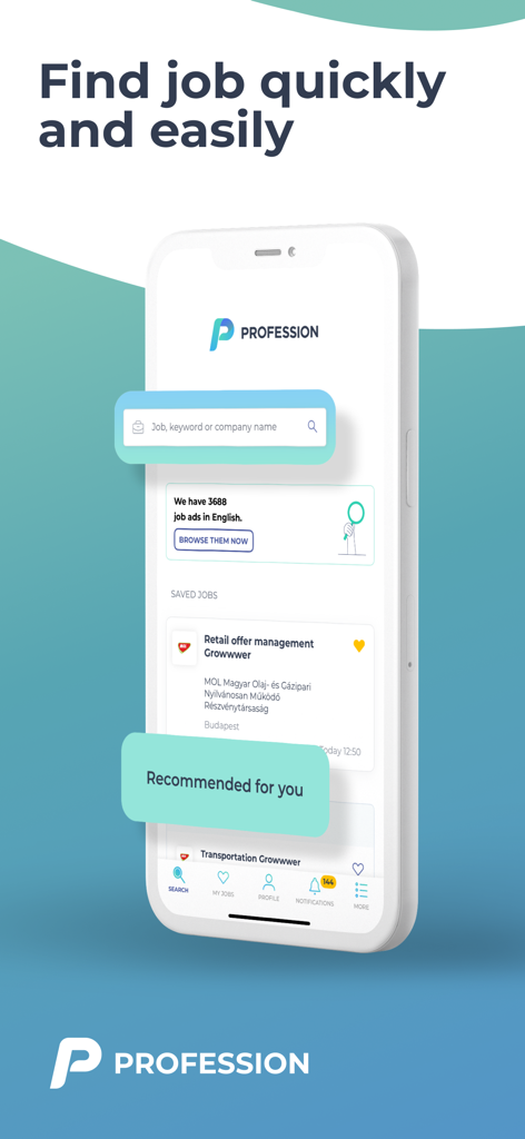Profession.hu mobile app screen featuring job search functionality and personalized recommendations