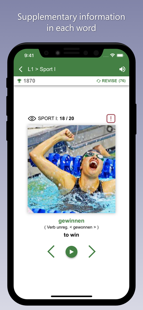 Bildschirm der deutschen Vokabel-App, der das Verb gewinnen mit seinen unregelmäßigen Formen und einem Foto eines feiernden Schwimmers zeigt.