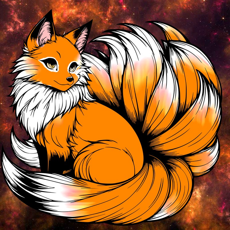 realistic detailed 9 tailed anime fox