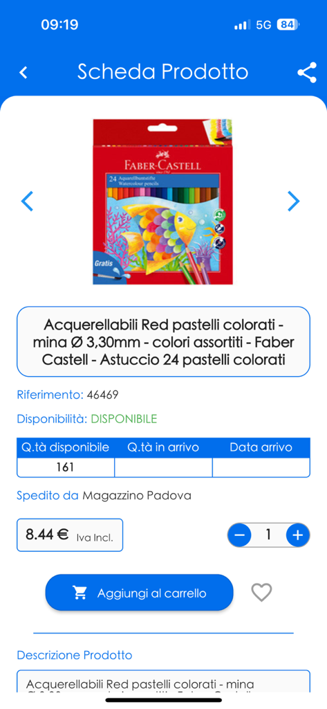 Punto Rigenera - Pagina di dettaglio prodotto nell'app Punto Rigenera che mostra matite acquerellabili Faber-Castell con prezzo e disponibilità.